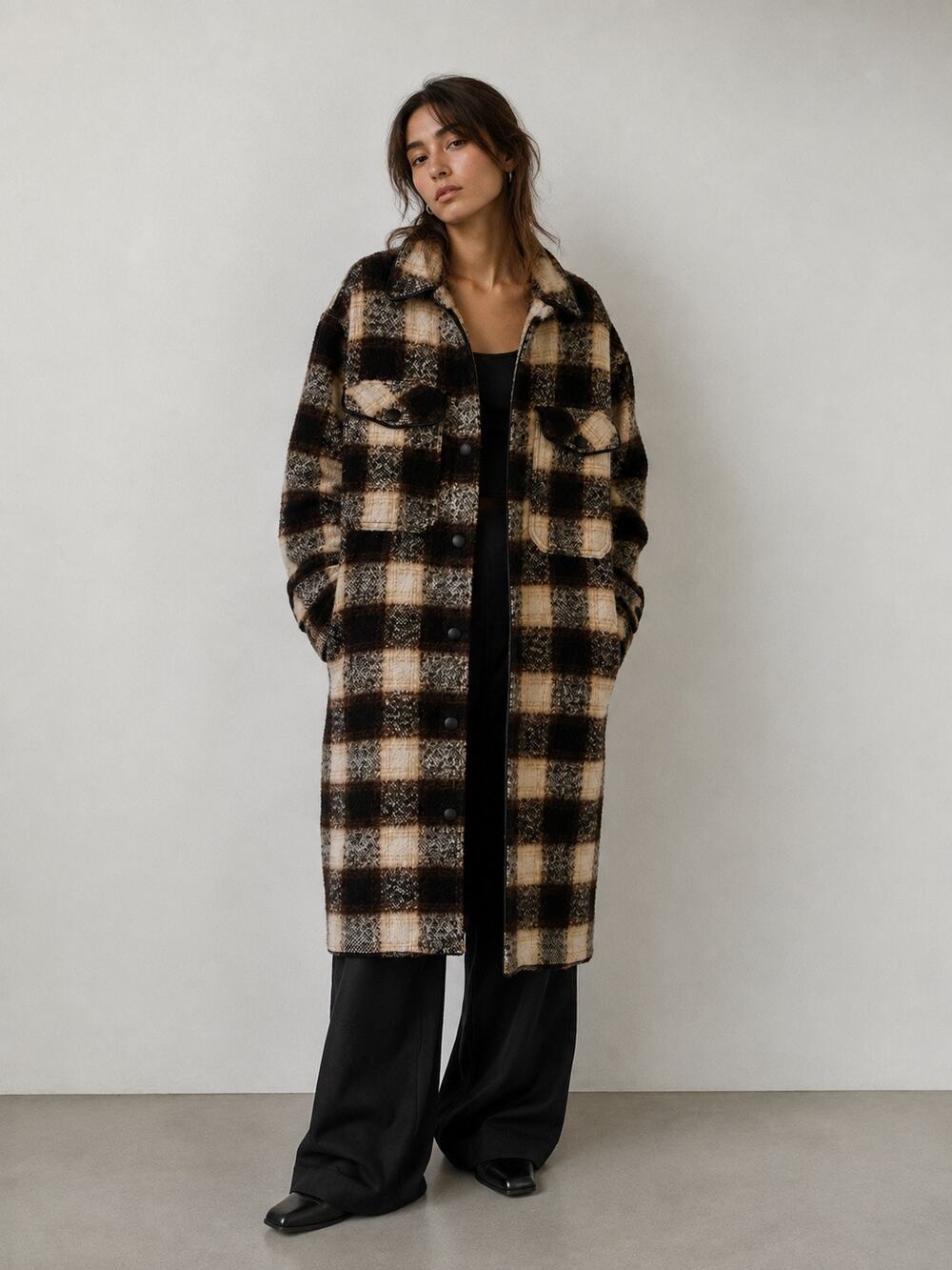 The Kooples Wool Plaid Lengthening Check Long Coat Brown Barn Shacket Small